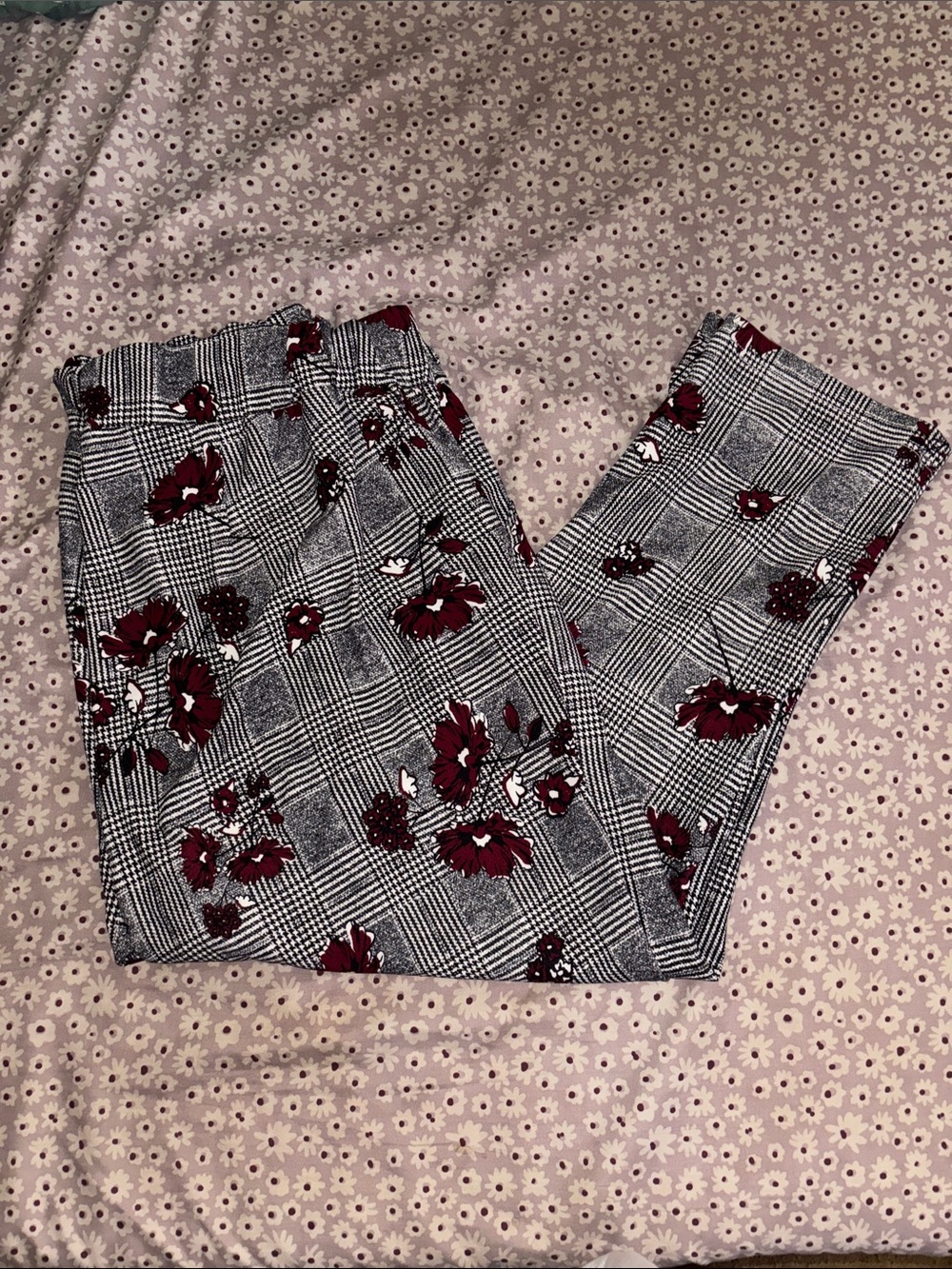 Plaid Floral Print Trousers - Gray with Burgundy Flowers